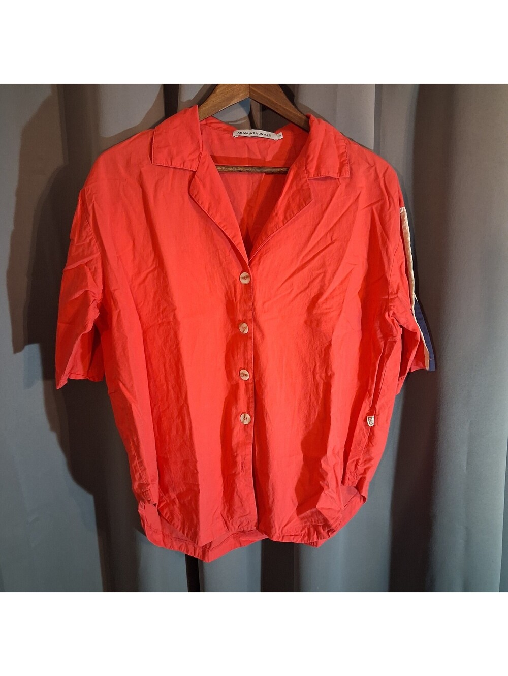 Araminta James Coral Button-Up Shirt with Striped Sleeves, Size Small